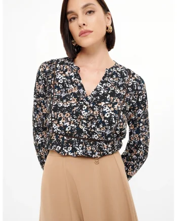 Bluza cu model si decolteu in V, Alb/Negru/Bej