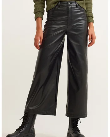 Pantaloni crop evazati de piele ecologica, Negru