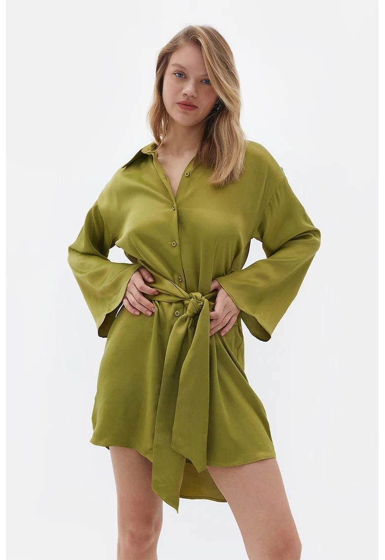 Rochie-camasa asimetrica cu cordon in talie, Verde masliniu
