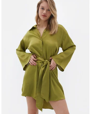 Rochie-camasa asimetrica cu cordon in talie, Verde masliniu