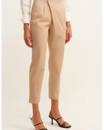 Pantaloni crop din amestec de lyocell cu talie inalta, Bej