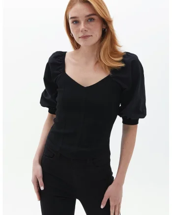 Bluza din bumbac cu maneci bufante, Negru