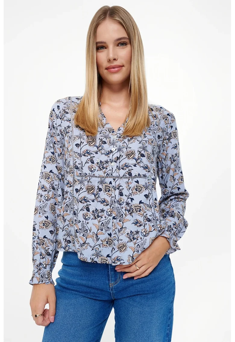 Bluza cu model si decolteu in V, Albastru lavanda/Bej/Bleumarin