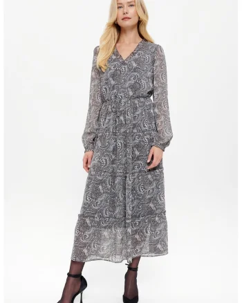 Rochie cu decolteu in V si imprimeu paisley, Gri/Alb murdar/Grej