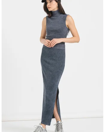 Bluza crop cu guler inalt, Albastru prafuit