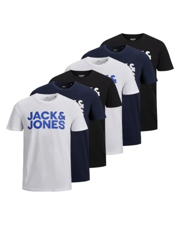 Set de tricouri de bumbac cu logo JJECORP - 6 piese, Negru stins/Alb murdar/Bleumarin