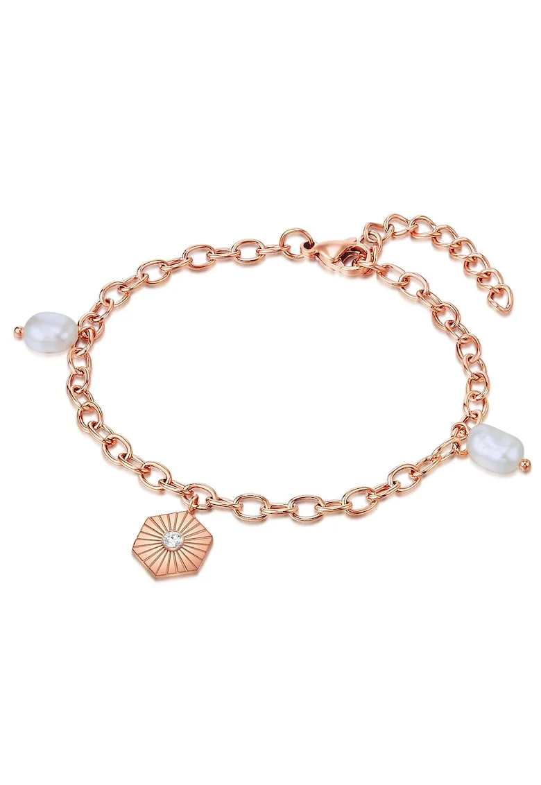Bratara placata cu aur de 18K si decorata cu cristal si perle de cultura, Auriu rose