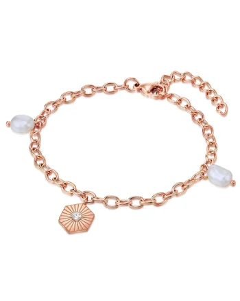 Bratara placata cu aur de 18K si decorata cu cristal si perle de cultura, Auriu rose