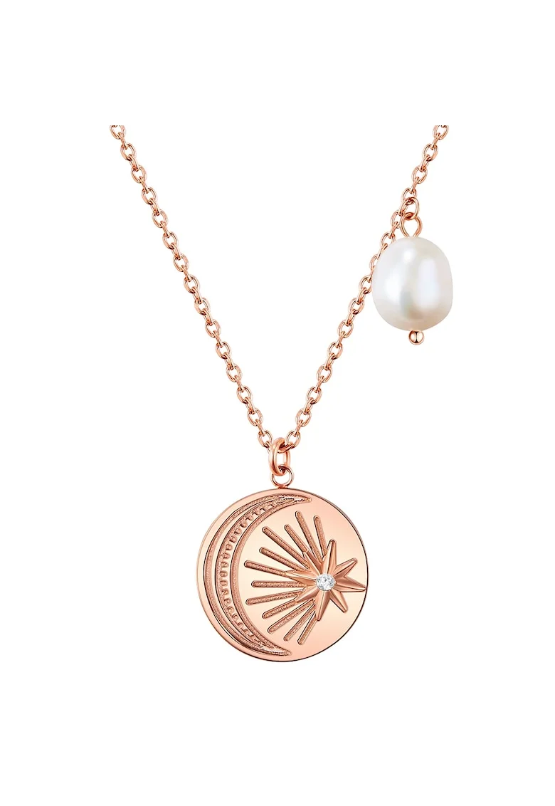 Colier placat cu aur de 18K si decorat cu pandantiv de cristal si perla de cultura, Auriu rose