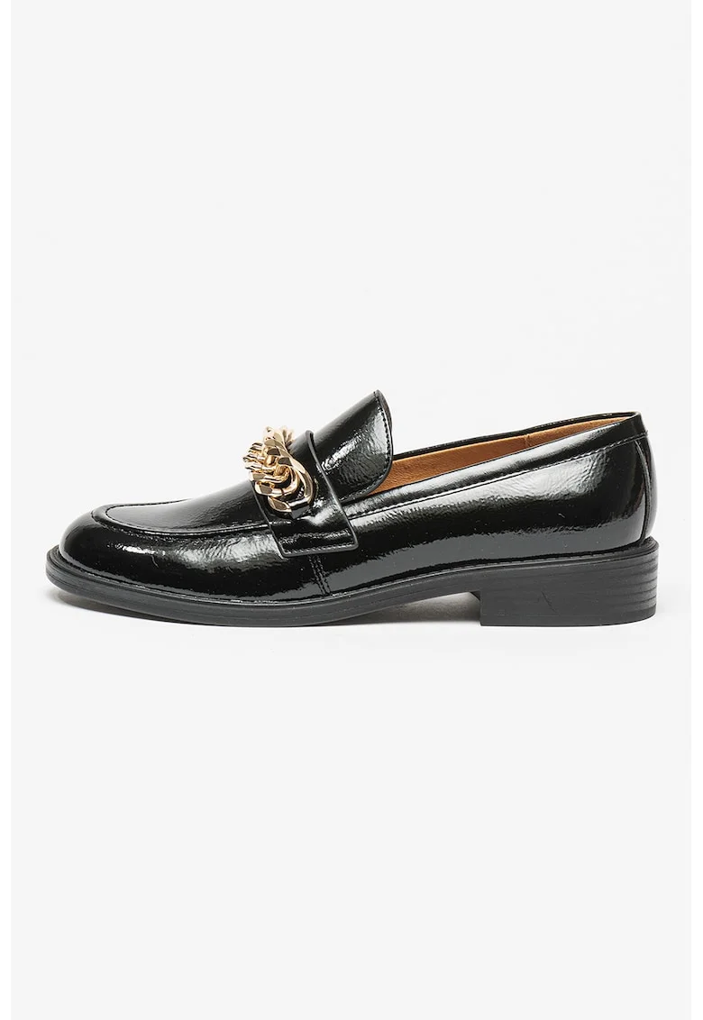 Pantofi loafer din piele ecologica cu detaliu din lant, Auriu/Negru
