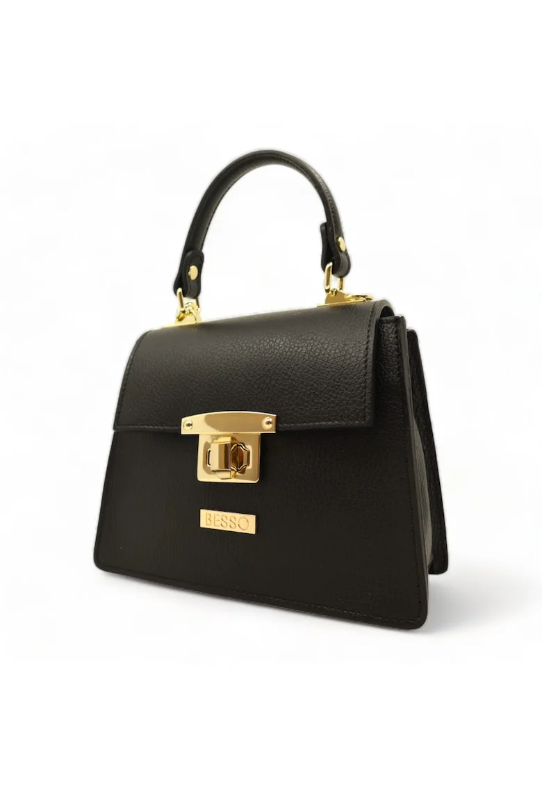 Geanta de mana din piele naturala Chic Minimal, Negru, 17.5x22x10