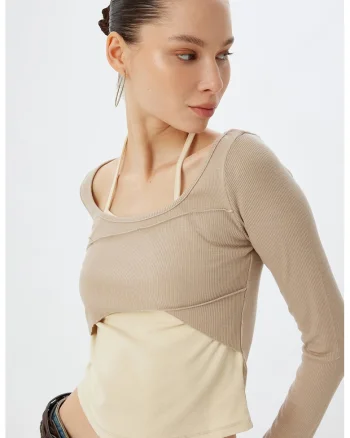 Bluza crop cu model 2 in 1, Maro taupe deschis