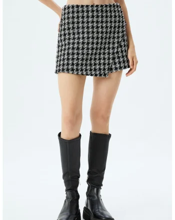 Fusta-pantalon cu talie inalta si model houndstooth, Negru