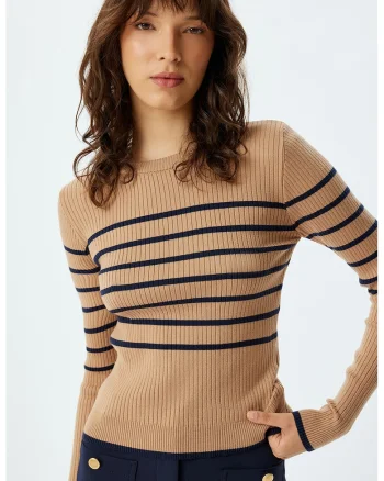 Pulover striat cu dungi, Maro nisip