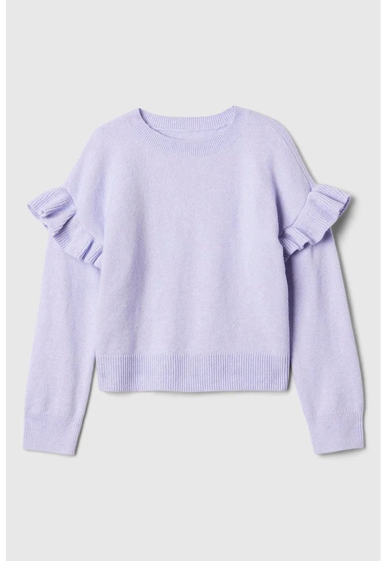 Pulover cu decolteu la baza gatului si maneci cu volane, Violet deschis