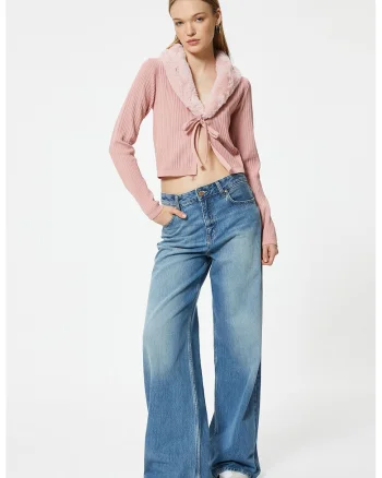 Cardigan cu blana sintetica, Roz prafuit