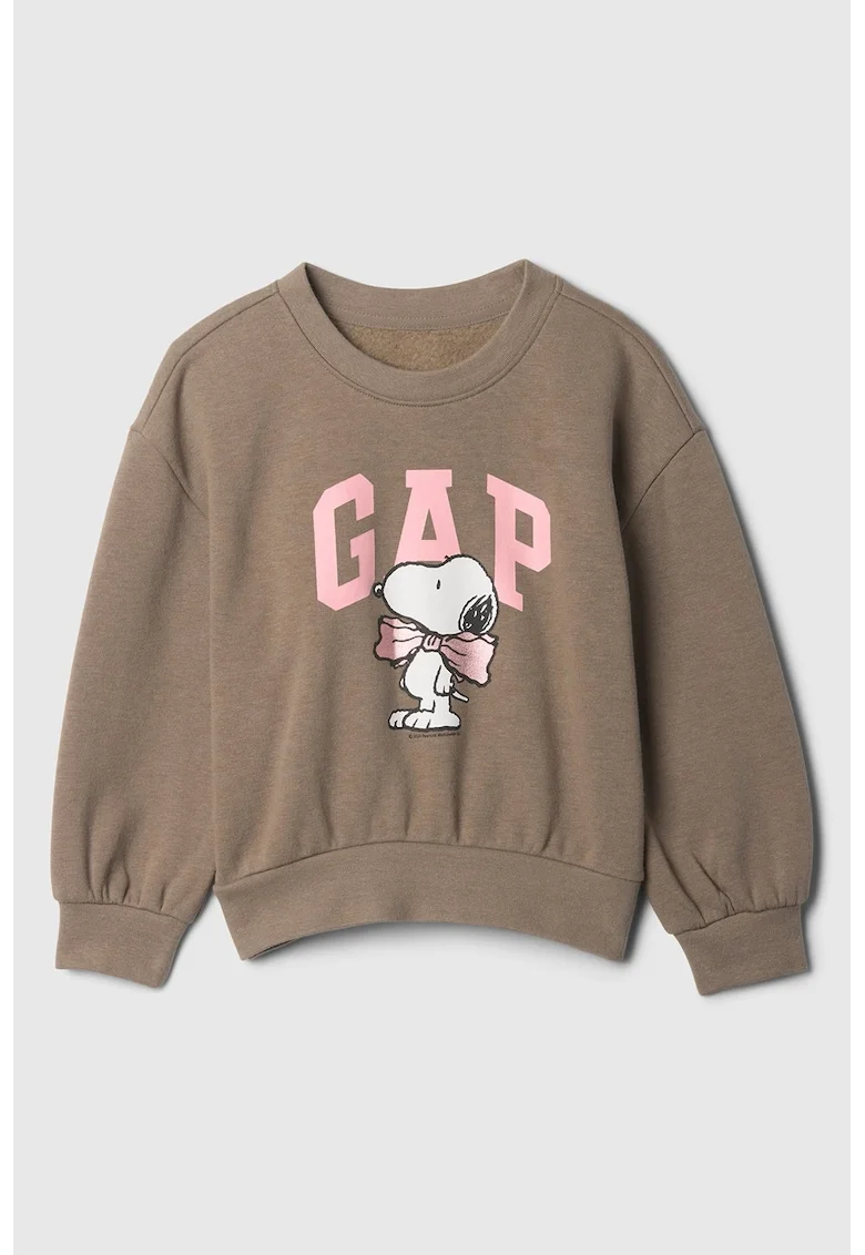 Bluza de trening cu logo si decolteu la baza gatului Snoopy, Maro inchis/Roz