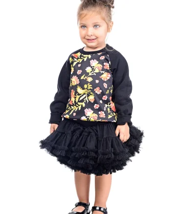 Bluza de trening cu imprimeu floral si maneci raglan, Negru/Galben