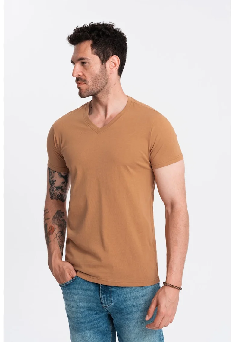 Tricou cu decolteu in V, Caramel