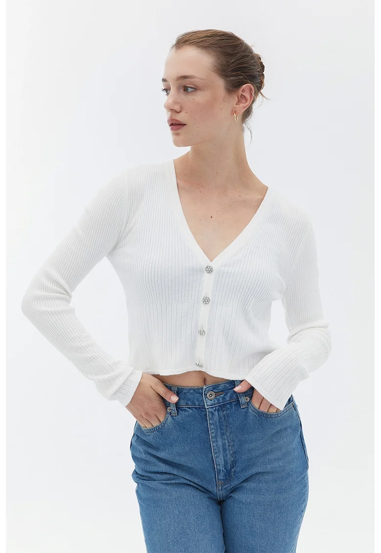 Cardigan tricotat fin cu decolteu in V, Alb