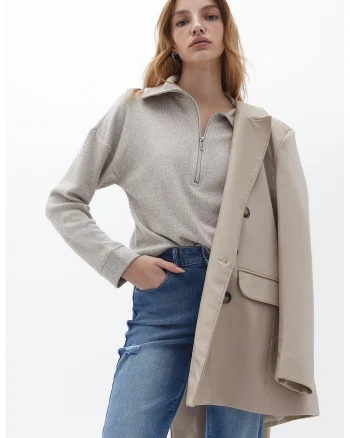Pulover cu fermoar scurt si maneci cazute, Maro taupe