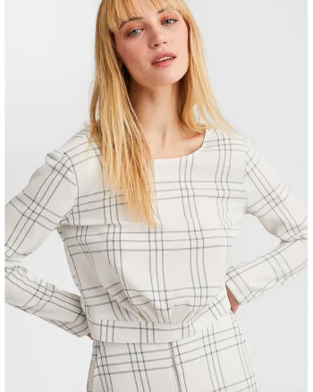 Bluza crop cu model in carouri, Alb fildes/Gri carbune