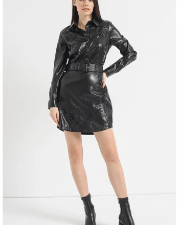 Rochie din piele ecologica cu broderie, Negru