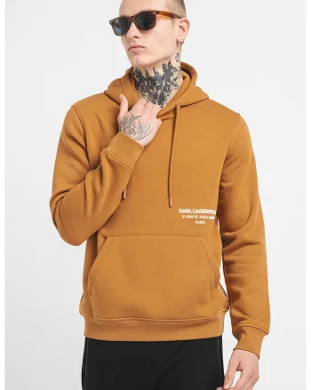 Hanorac cu snur si buzunar kangaroo, Alb optic/Caramel