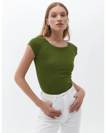 Tricou din amestec de bumbac cu decolteu la baza gatului, Verde inchis