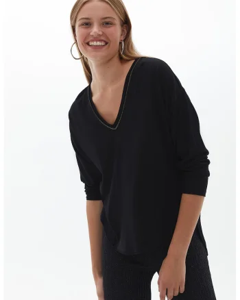 Bluza din amestec de modal cu decolteu in V, Negru