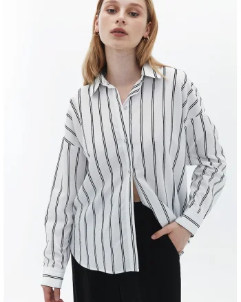 Camasa cu model in dungi si maneci cazute, Alb/Negru