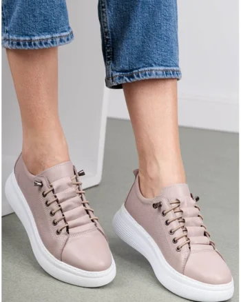 Pantofi cu siret elastic bej din piele naturala