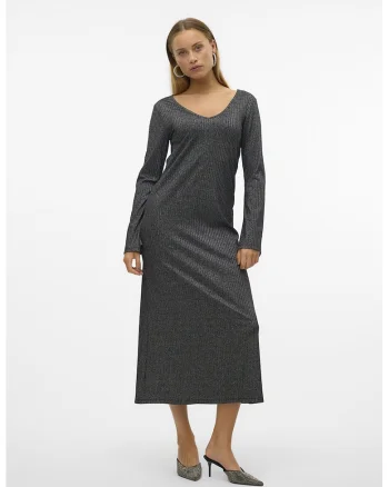 Rochie lunga din lurex cu decolteu in V, Negru/Argintiu