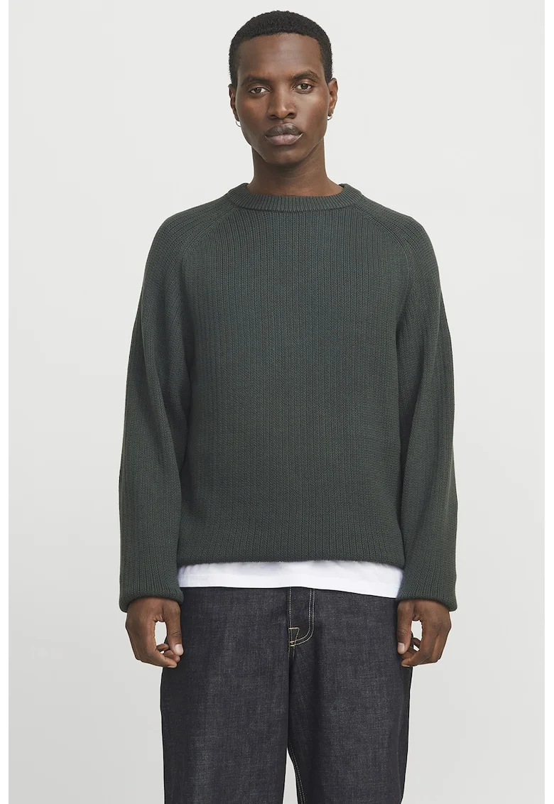 Pulover cu decolteu la baza gatului si maneci raglan, Verde padure