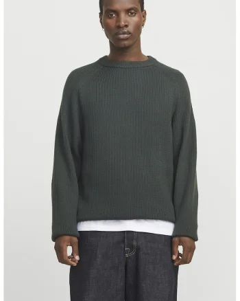 Pulover cu decolteu la baza gatului si maneci raglan, Verde padure