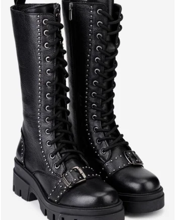 Ghete dama inalte din piele neagra accesorizate cu bumbi, Negru