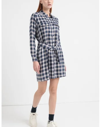 Rochie-camasa cu model in carouri, Alb/Bleumarin