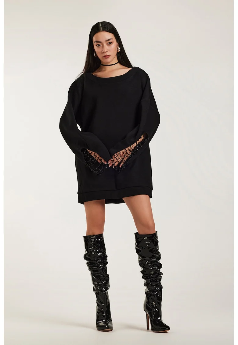 Rochie sport scurta cu aplicatii din strasuri Rosario, Negru