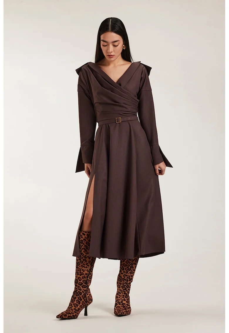 Rochie midi cu slit Asana, Maro