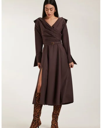 Rochie midi cu slit Asana, Maro