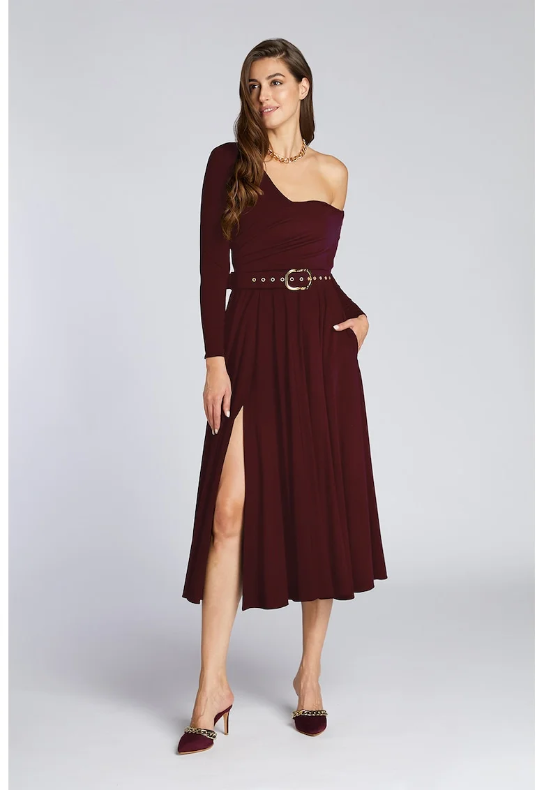 Rochie cu decolteu pe un umar si slit lateral, Visiniu