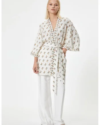 Chimono cu decolteu in V si model floral, Alb fildes/Portocaliu inchis/Kaki inchis