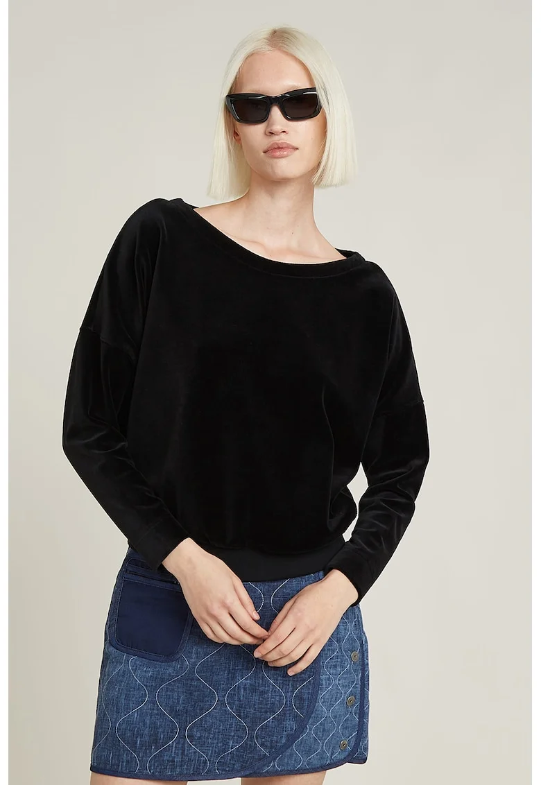 Bluza de trening cu model uni si decolteu barcuta, Negru