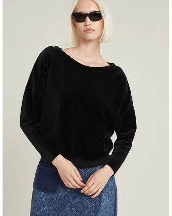 Bluza de trening cu model uni si decolteu barcuta, Negru