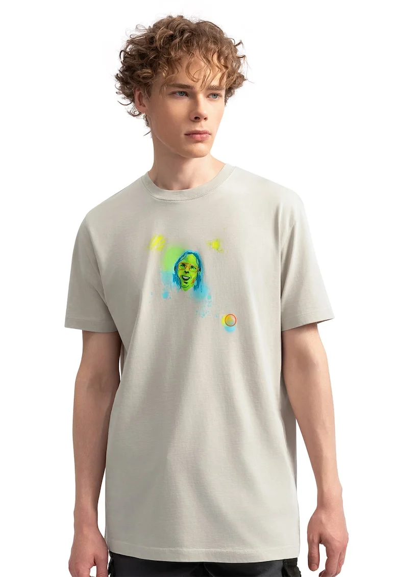 Tricou unisex cu decolteu la baza gatului si imprimeu grafic, Verde/Albastru pastel/Bej