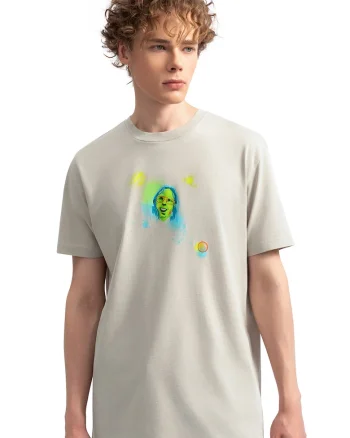 Tricou unisex cu decolteu la baza gatului si imprimeu grafic, Verde/Albastru pastel/Bej