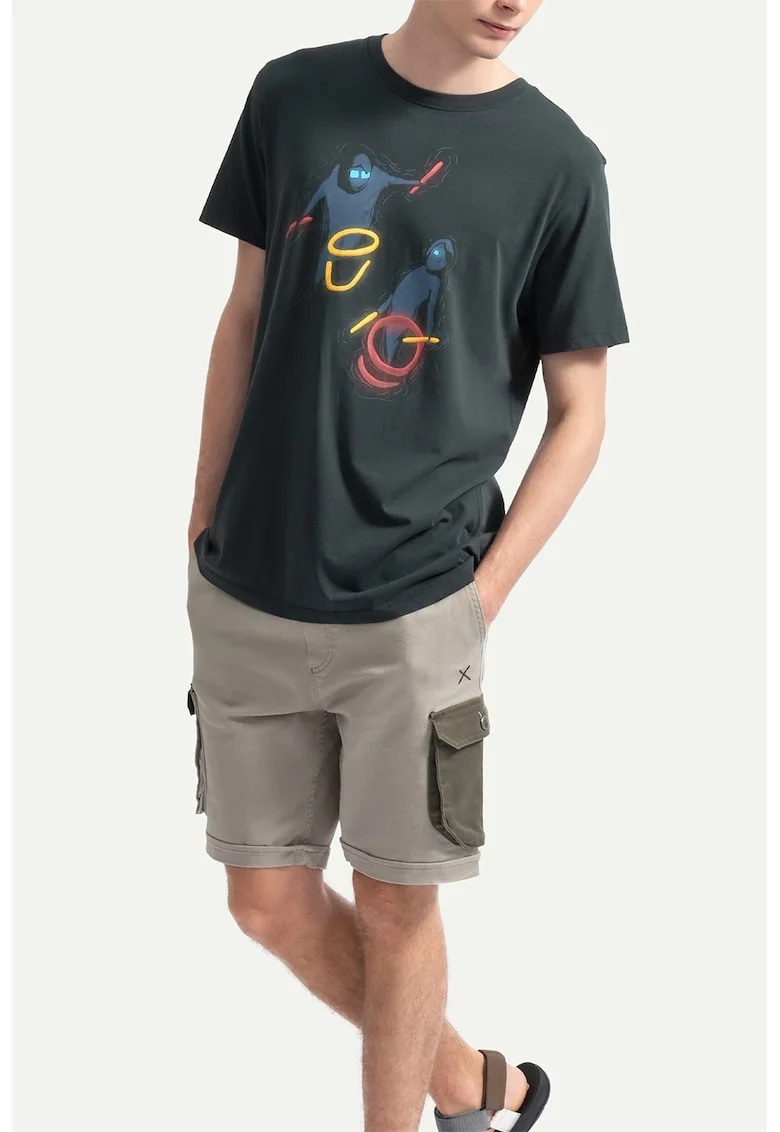 Tricou unisex din bumbac cu imprimeu grafic, Galben sofran/Negru stins/Rosu stins