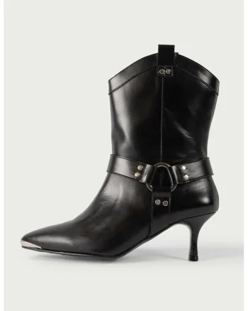 Botine din piele cu bareta harmess, Negru