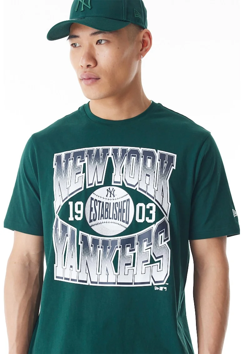 Tricou cu imprimeu si decolteu la baza gatului New York Yankees, Verde englez/Bleumarin