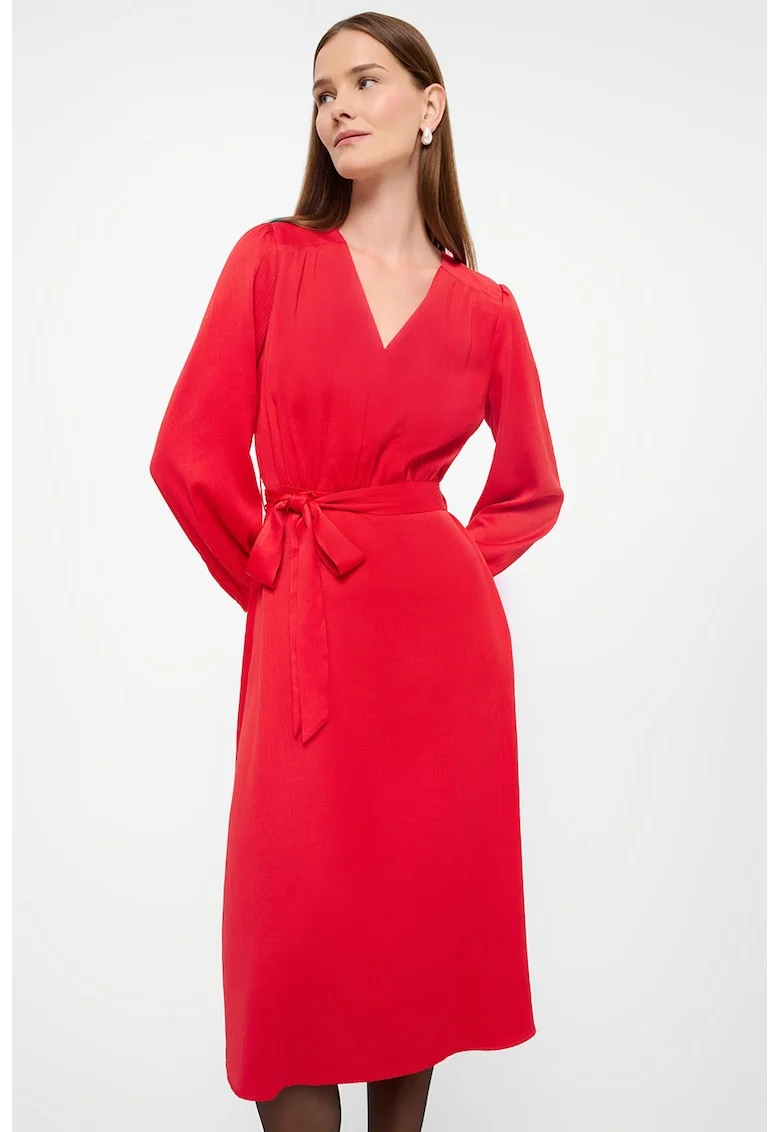 Rochie midi cu un cordon in talie, Rosu